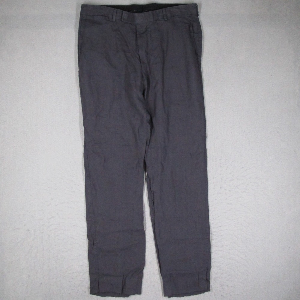 Hugo Boss Mens 34* Gray 100% Linen Straight Leg Trousers Raw Hem 14071/010